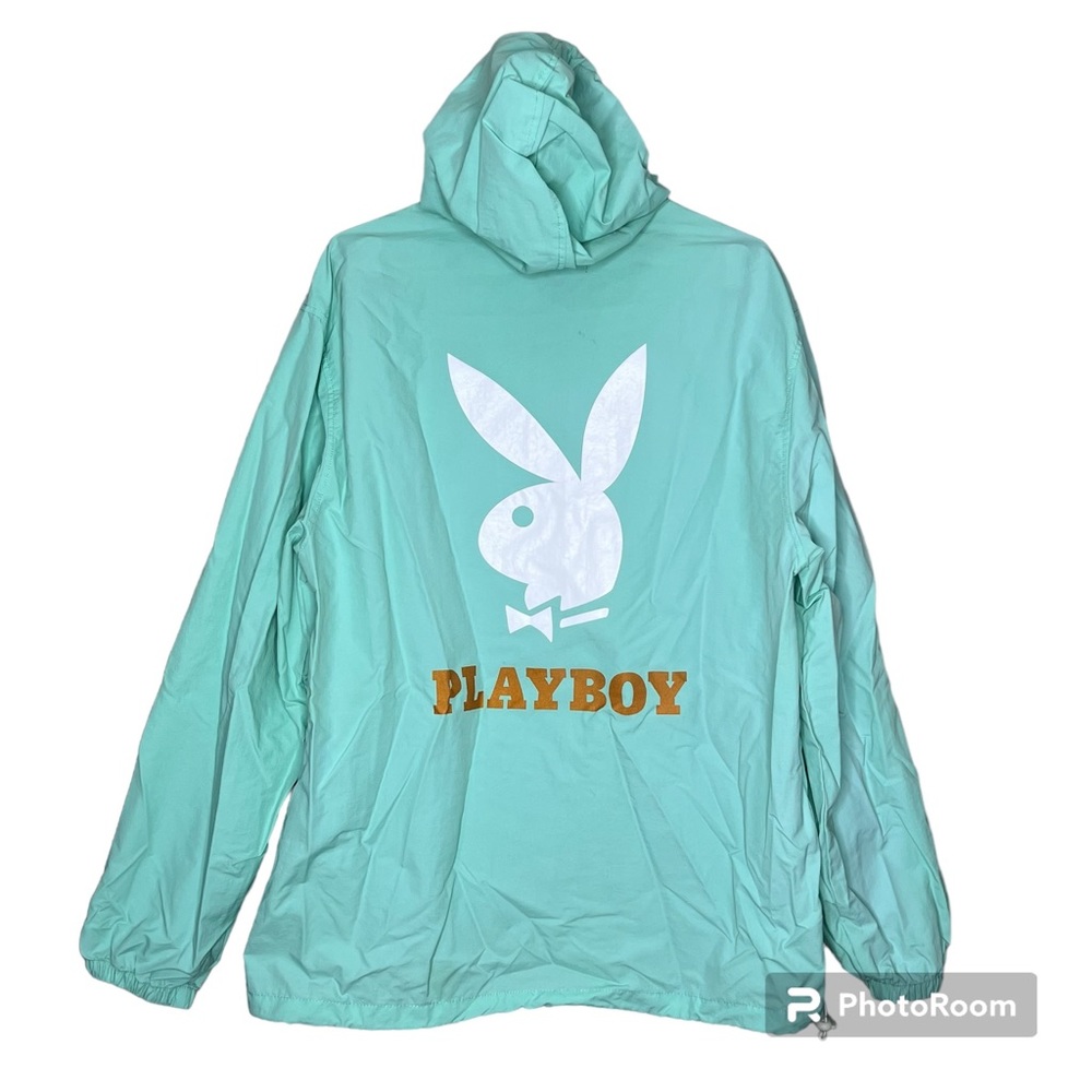 Playboy Pacsun Windbreaker Jacket Medium Teal Logo Quarter Zip Hooded
